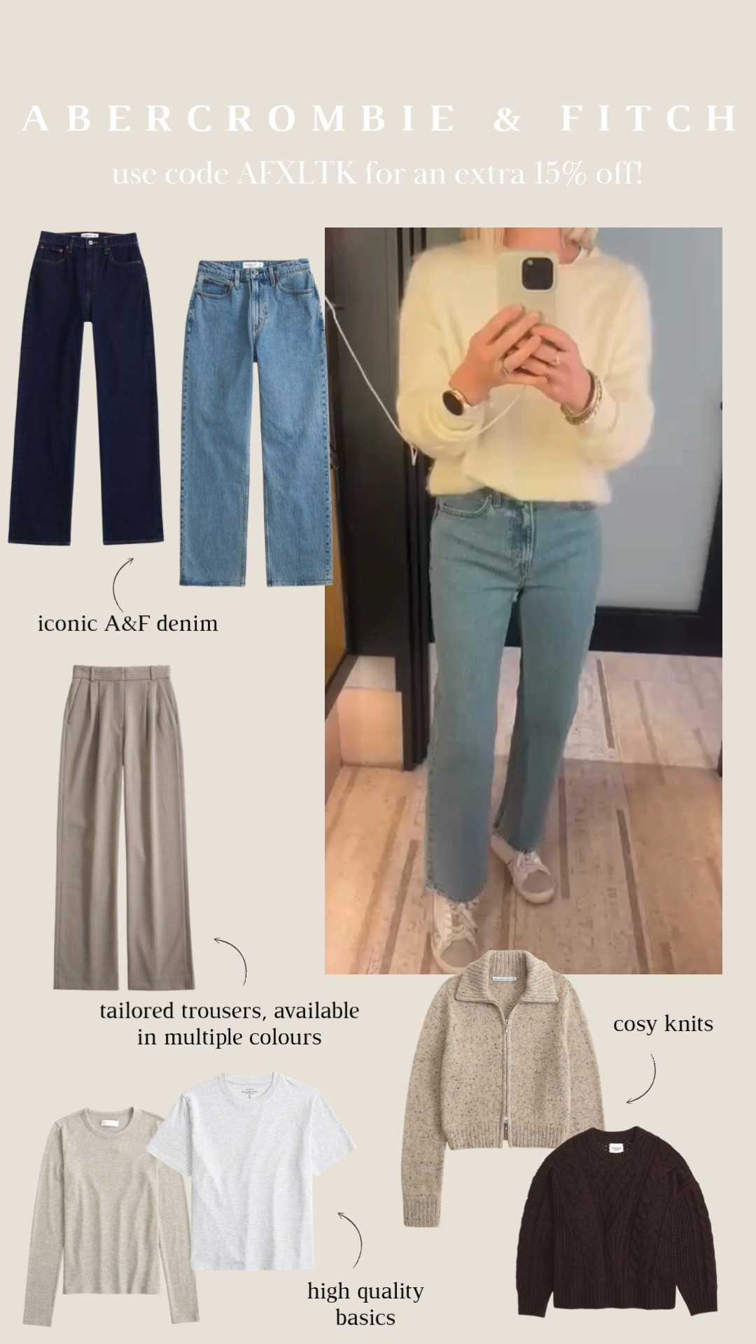 A&F favourites - use code AFXLTK for an extra 15% off your order!
Basics, transitional fashion, layering, outfit ideas, denim, Abercrombie & Fitch, tailored trousers, knitwear  

 #LTKuk #LTKautumn #LTKstyletip