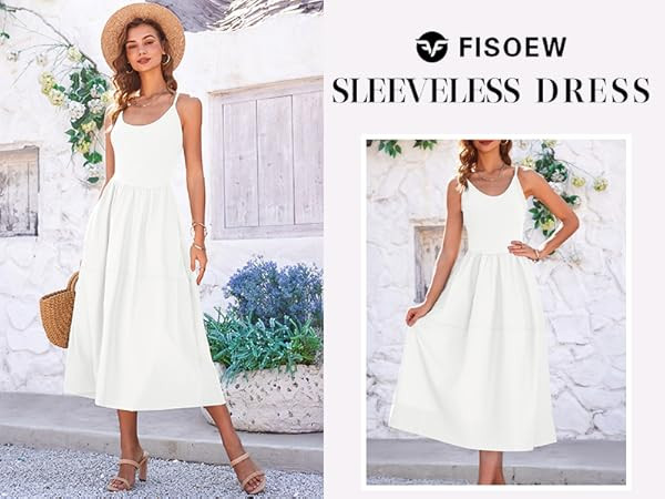 Fisoew Womens Spaghetti Strap Dress V Neck Backless Summer Casual A Line Cami Dress with Pocket | Amazon (US)