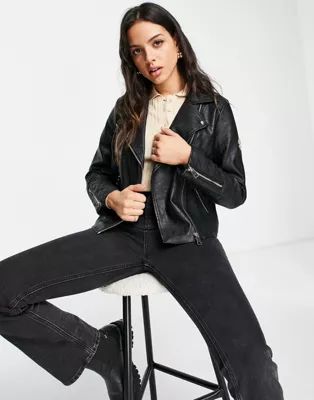 River Island quilted faux leather biker jacket in black | ASOS (Global)