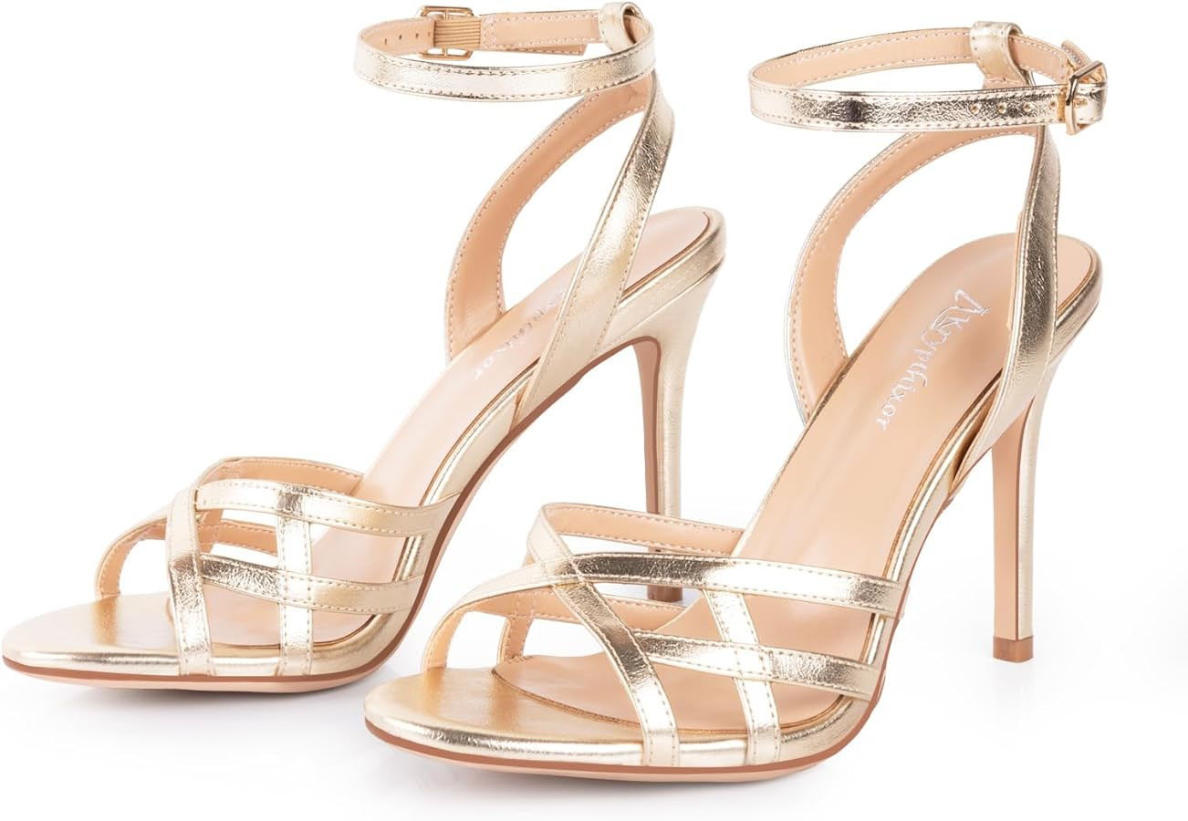 Strappy Gold Heeled Sandals Stiletto Heel for Women Stylish Kitten Heels Womens Platform Sandal R... | Amazon (US)