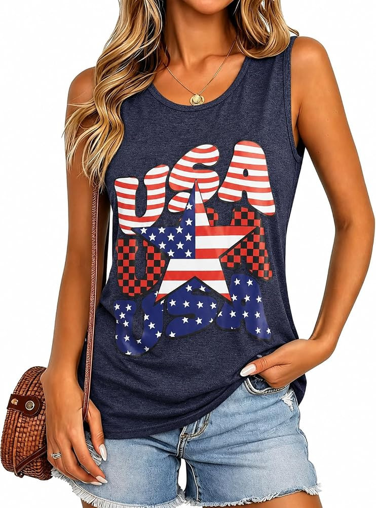Womens American Flag Tank Tops 4th of July Loose Sleeveless Stars Stripes Patriotic T Shirt | Amazon (US)