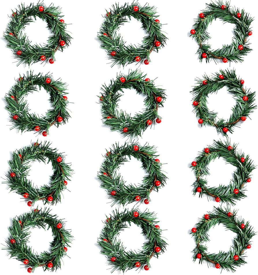 Dolicer 12 PCS Christmas Candle Rings Wreath, 3 Inch Mini Christmas Wreath with Red Berry Pillar ... | Amazon (US)
