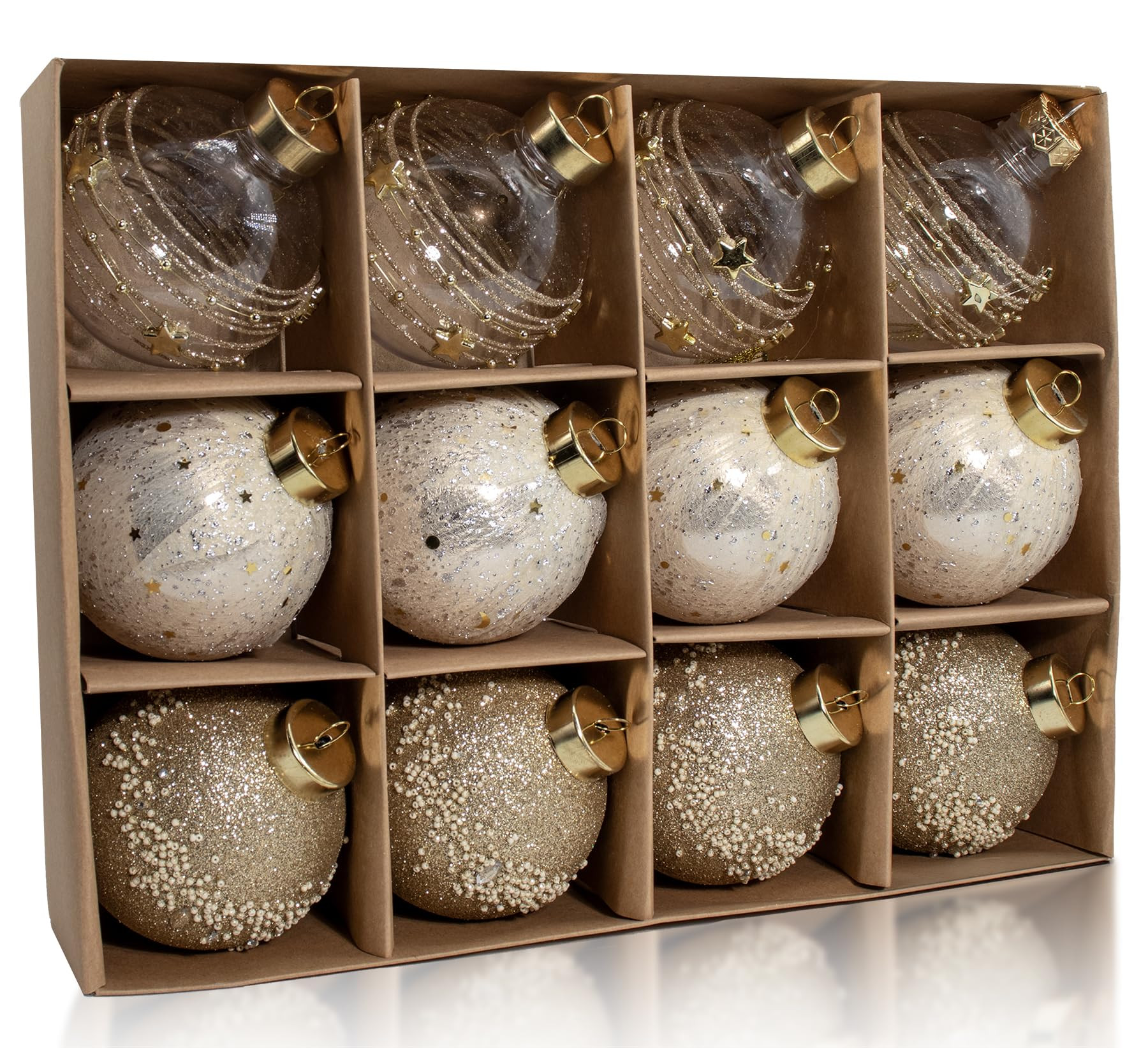 12PCS Clear Glitter Christmas Ball Ornaments, 3.15" Champagne Gold Sequin Christmas Decoration Se... | Amazon (US)
