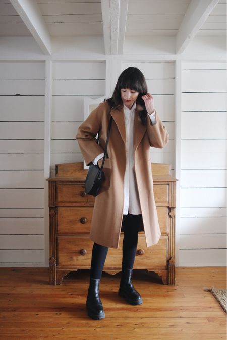 Camel Coat by The Curated (similar linked)
The Way Long Oxford Shirt (tts for an oversized fit)
The Perform Legging (tts)
Cortina Lug Sole Boot (tts - I wear 7/7.5 and have the 38)
Bag is old The Stowe similar linked. 

#LTKSeasonal