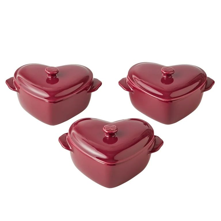 3-Piece Merlot Colored Mini Hearts Ceramic Baking Dish with Lid, The Pioneer Woman 6.45" | Walmart (US)