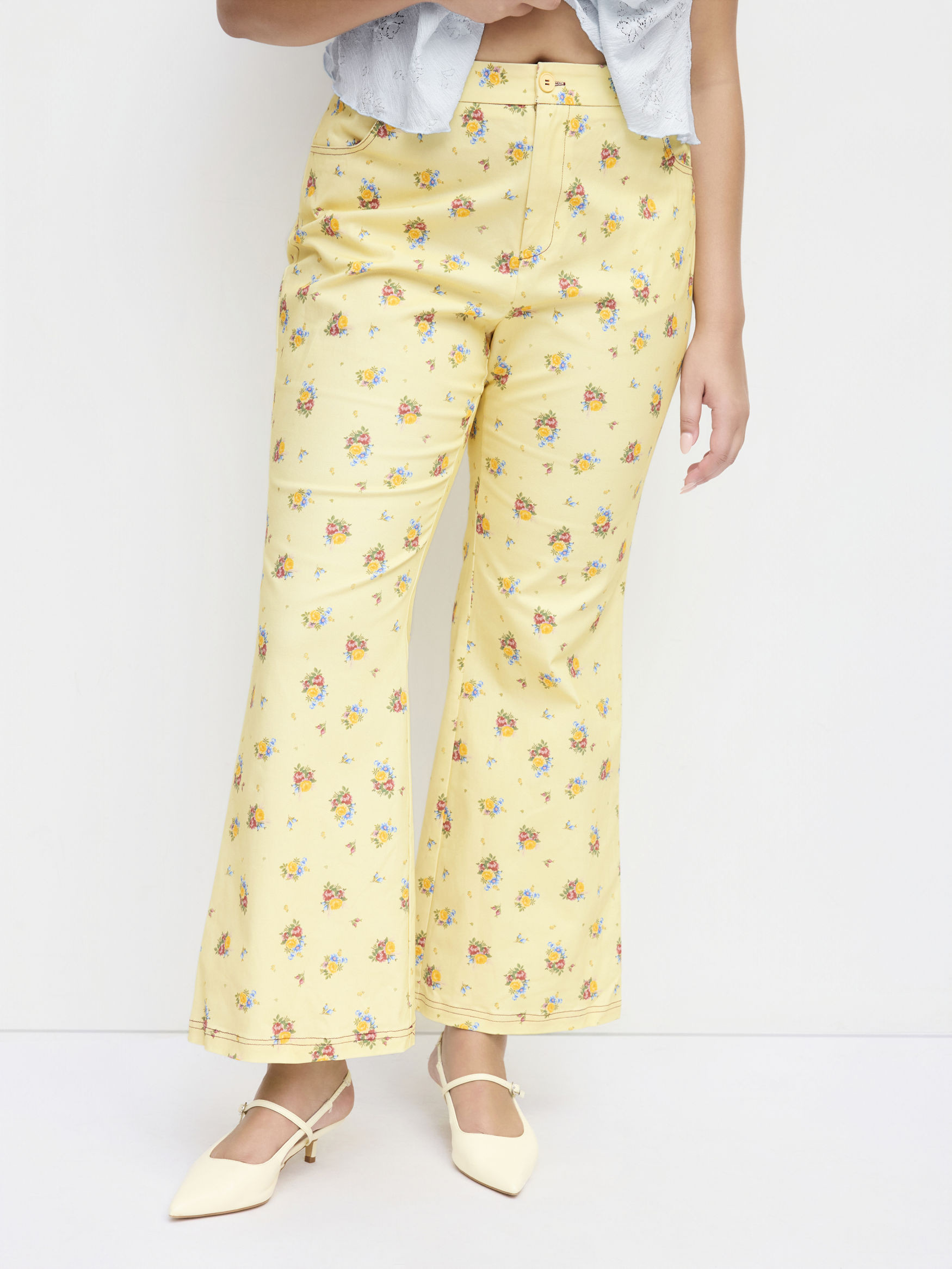 Cotton-blend Low Rise Ditsy Floral Flared Trousers Curve & Plus | Cider