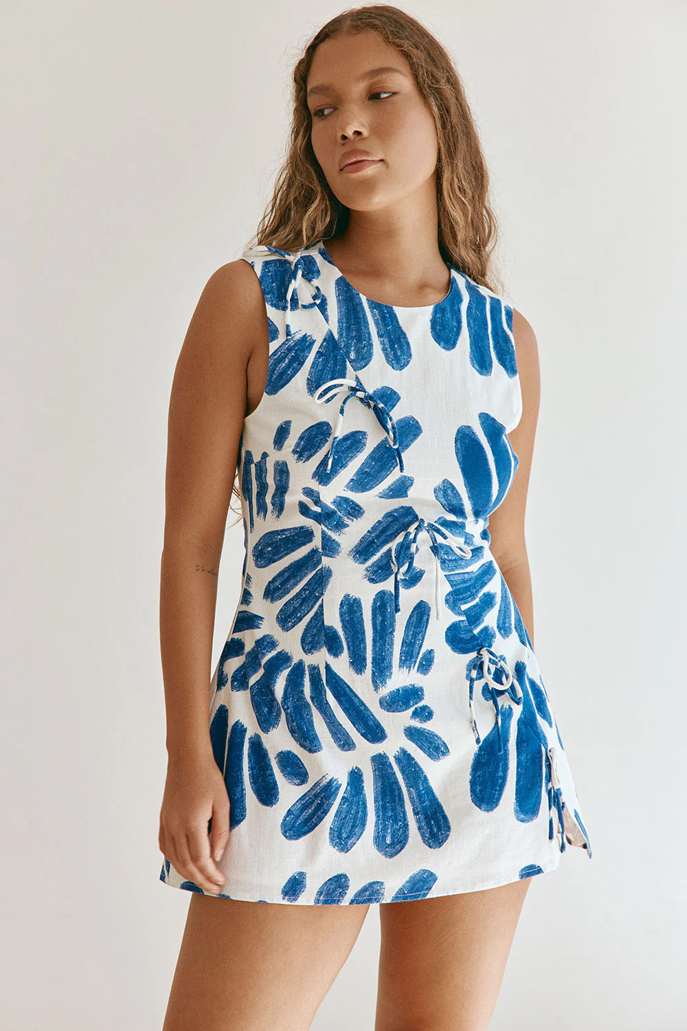 Blue Brush Petal Print Bow Mini Natsuki Dress | Sabo Skirt US