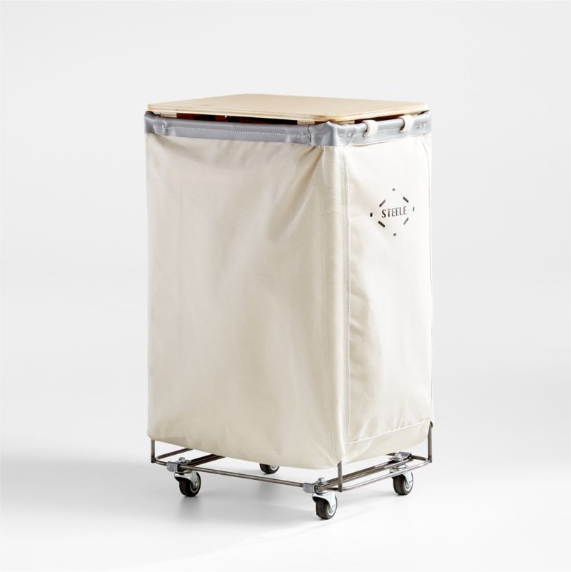 Steele 2.5-Bushel Vertical Canvas Laundry Bin with Wood Lid + Reviews | Crate & Barrel | Crate & Barrel