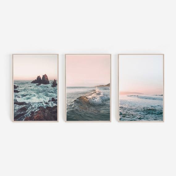 Beach Prints,Beach Wall Art,Surf Print,Coastal Print,Ocean Print,Wave Print,Pink Wall Art,Set of 3 P | Etsy (US)