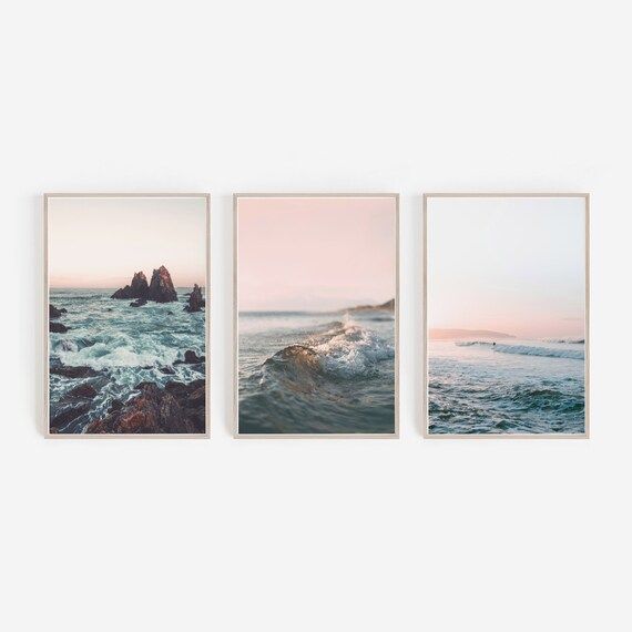 Beach Prints,Beach Wall Art,Surf Print,Coastal Print,Ocean Print,Wave Print,Pink Wall Art,Set of ... | Etsy (US)
