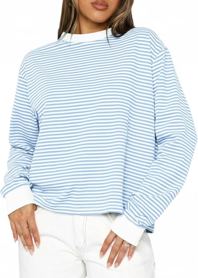 Cioatin Women Oversized Long Sleeve Striped Colorblock Tee Tops Crew Neck Loose Tshirt Pullover Y... | Amazon (US)