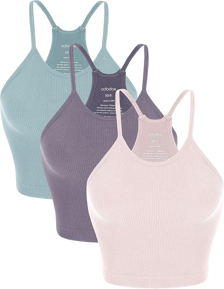 ODODOS Women's Crop 3-Pack Washed Seamless Rib-Knit Camisole Crop Tank Tops | Amazon (US)