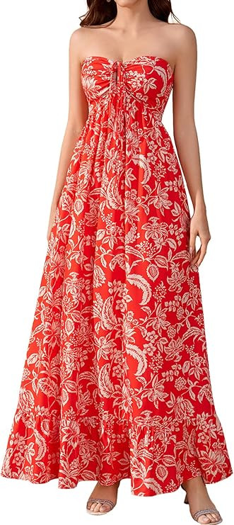 Floral Halter or Strapless Maxi Dress Long Flowy Boho Tube Beach Dresses for Women 2026 Summer Ca... | Amazon (US)