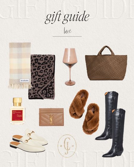 Cella Jane blog luxe gift guide for her. Holiday gifting. Fringe scarf, blanket, wine glasses, woven tote, perfume, card case, slippers, designer boots, designer mules  

#LTKGiftGuide #LTKstyletip #LTKHoliday