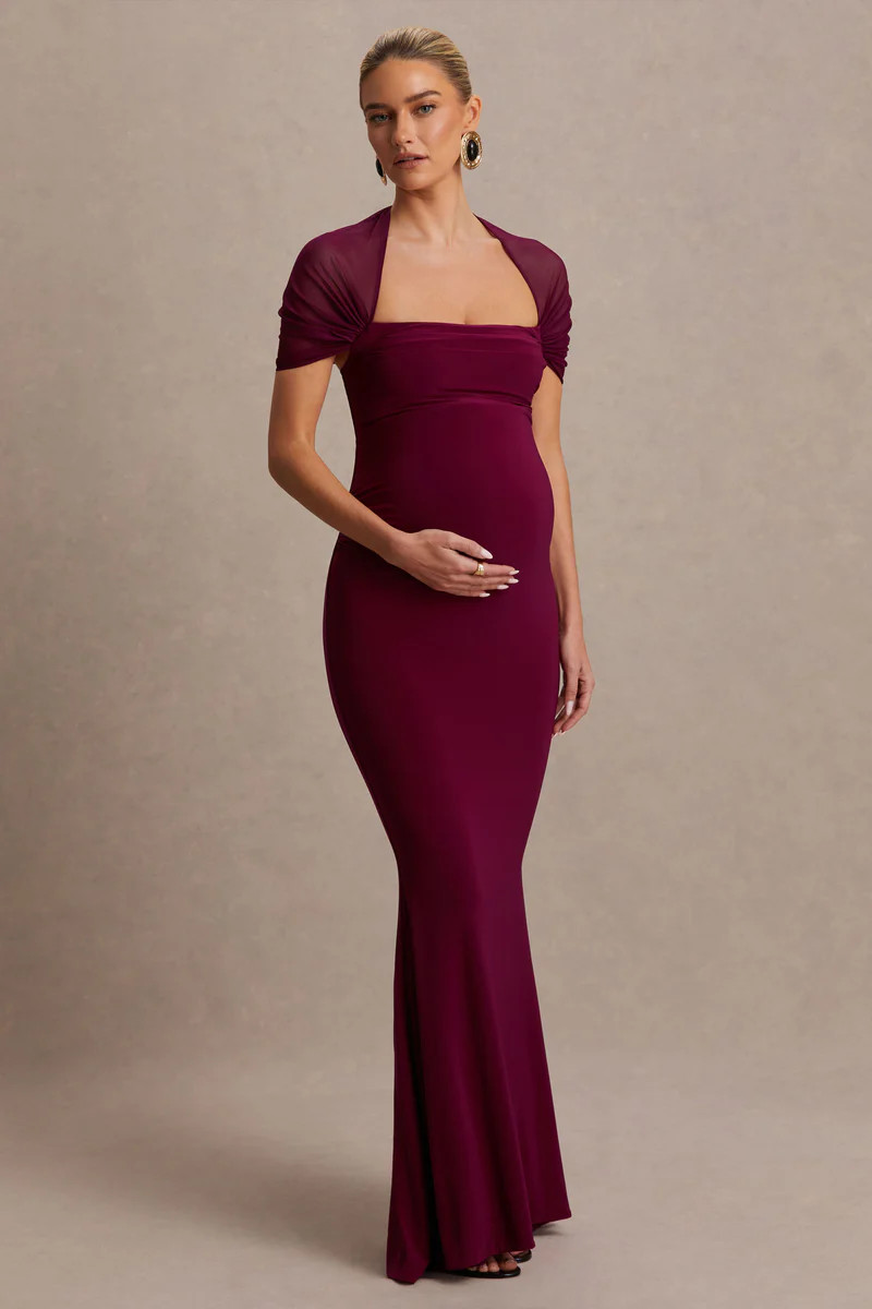 Dome  Burgundy Square-Neck Mesh-Sleeve Maternity Maxi Dress | Club L London