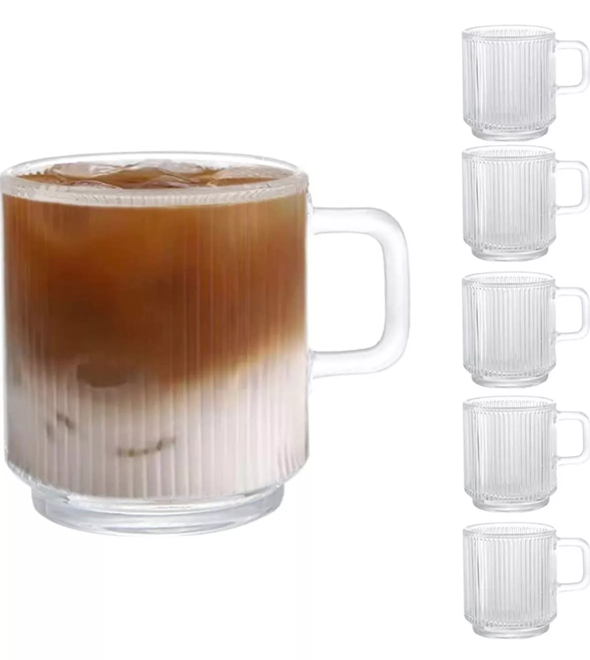 8 Pcs Glass Coffee Mugs 12.5 oz Clear for Hot Beverages Ribbed Espresso