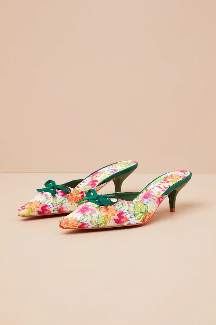 Rosalyne Floral Pointed-Toe Kitten Heel Mule Pumps | Lulus