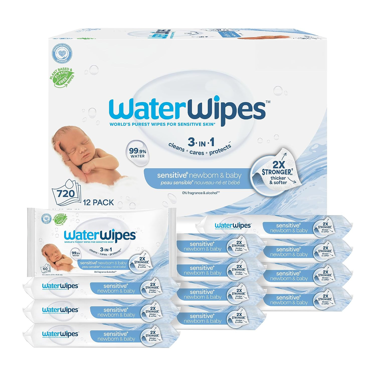 WaterWipes Sensitive+ Newborn & Baby Wipes, 3-In-1 Cleans, Cares, Protects, 99.9% Water, Unscented & Hypoallergenic, 720 Count (12 Packs) | Amazon (US)