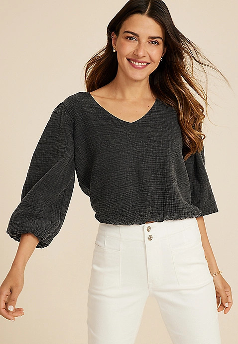 Double Cloth 3/4 Sleeve Bubble Hem Blouse | Maurices