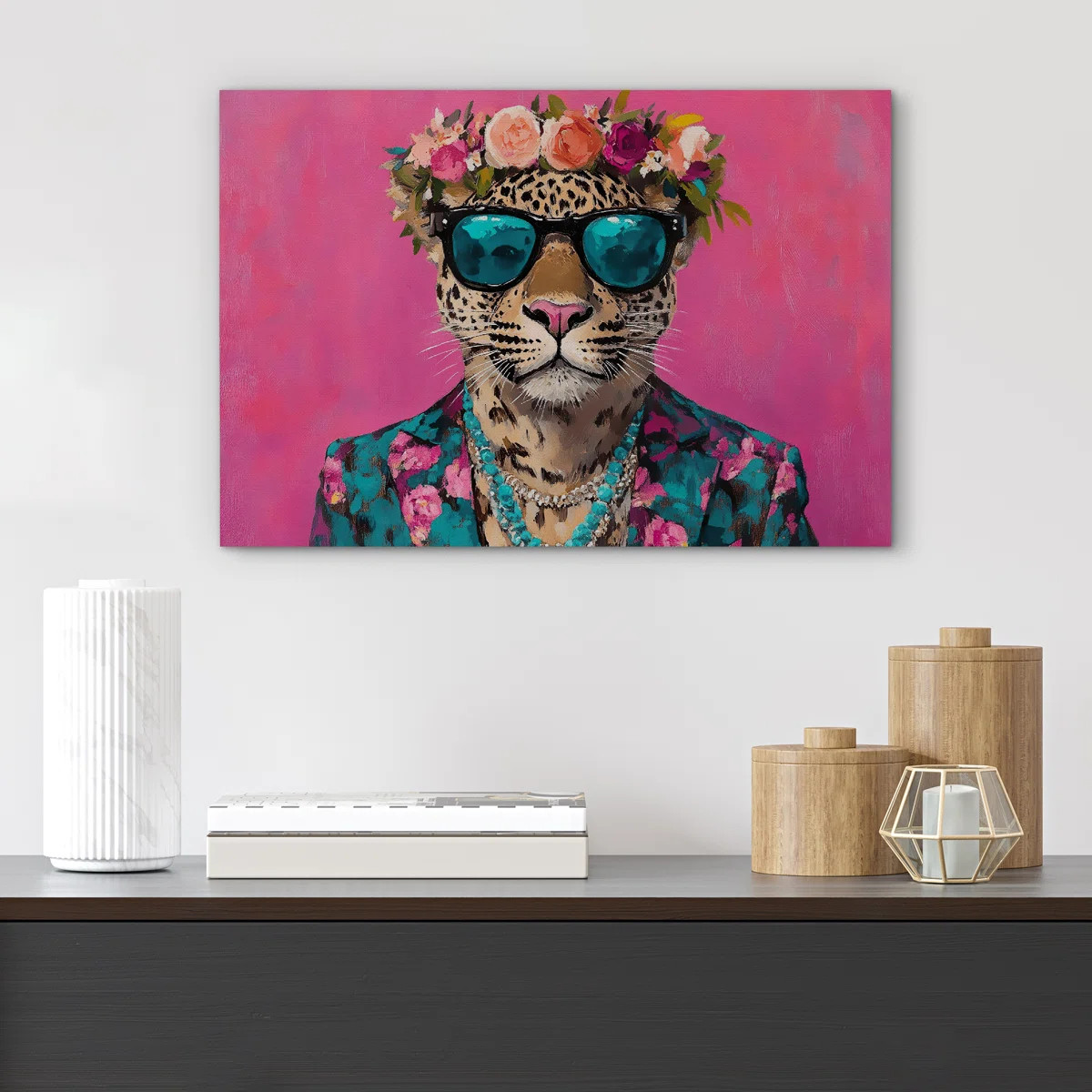 Bright Preppy Animals Hot Pink Leopard With Flower Crown Fashion Bedroom Artwork Framed Canvas Pr... | Wayfair North America