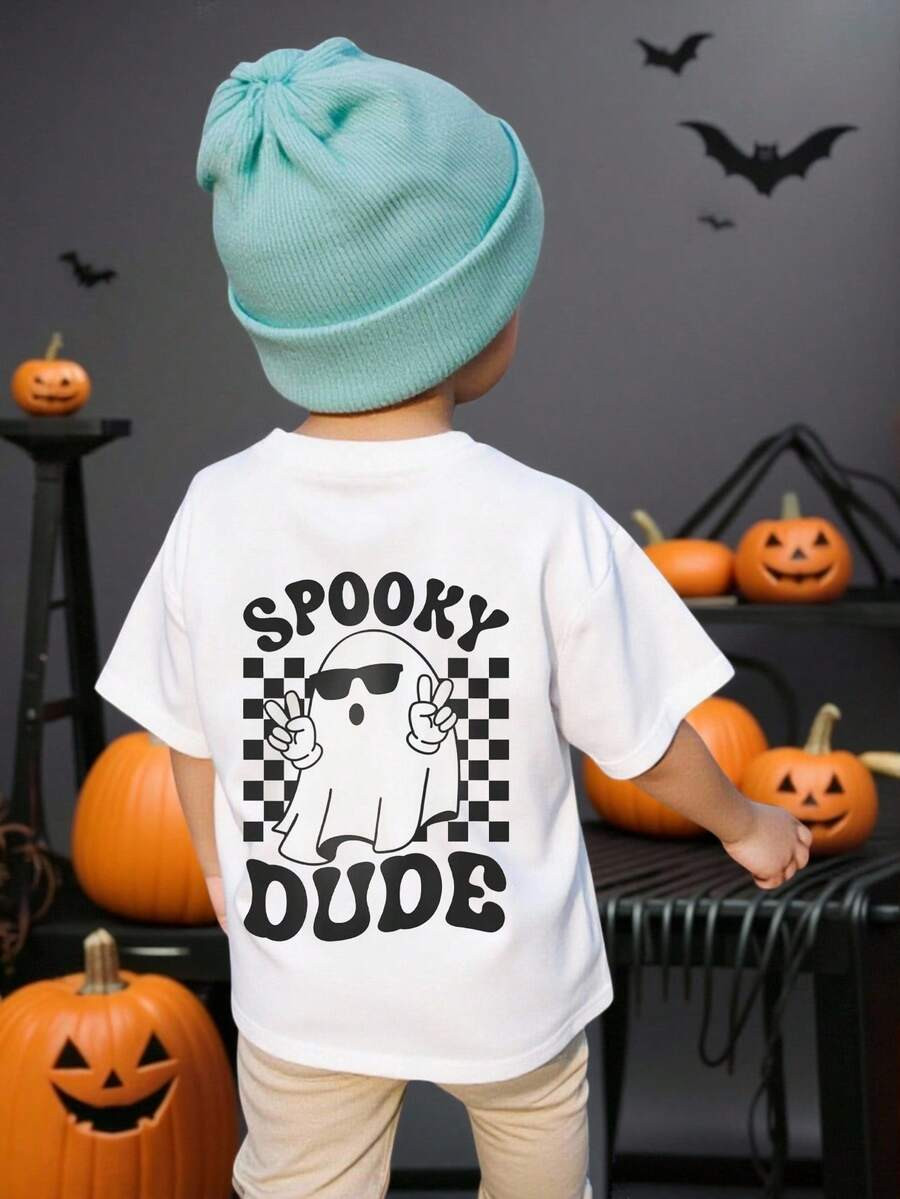 SHEIN Playful Pals Young Boys Halloween Casual Cute Creative Funny Checkerboard Spooky Dude Ghost... | SHEIN