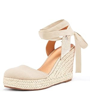 Ermonn Womens Espadrilles Wedge Sandals Platform Closed Toe Ankle Strap Lace Up Summer Shoes | Amazon (US)