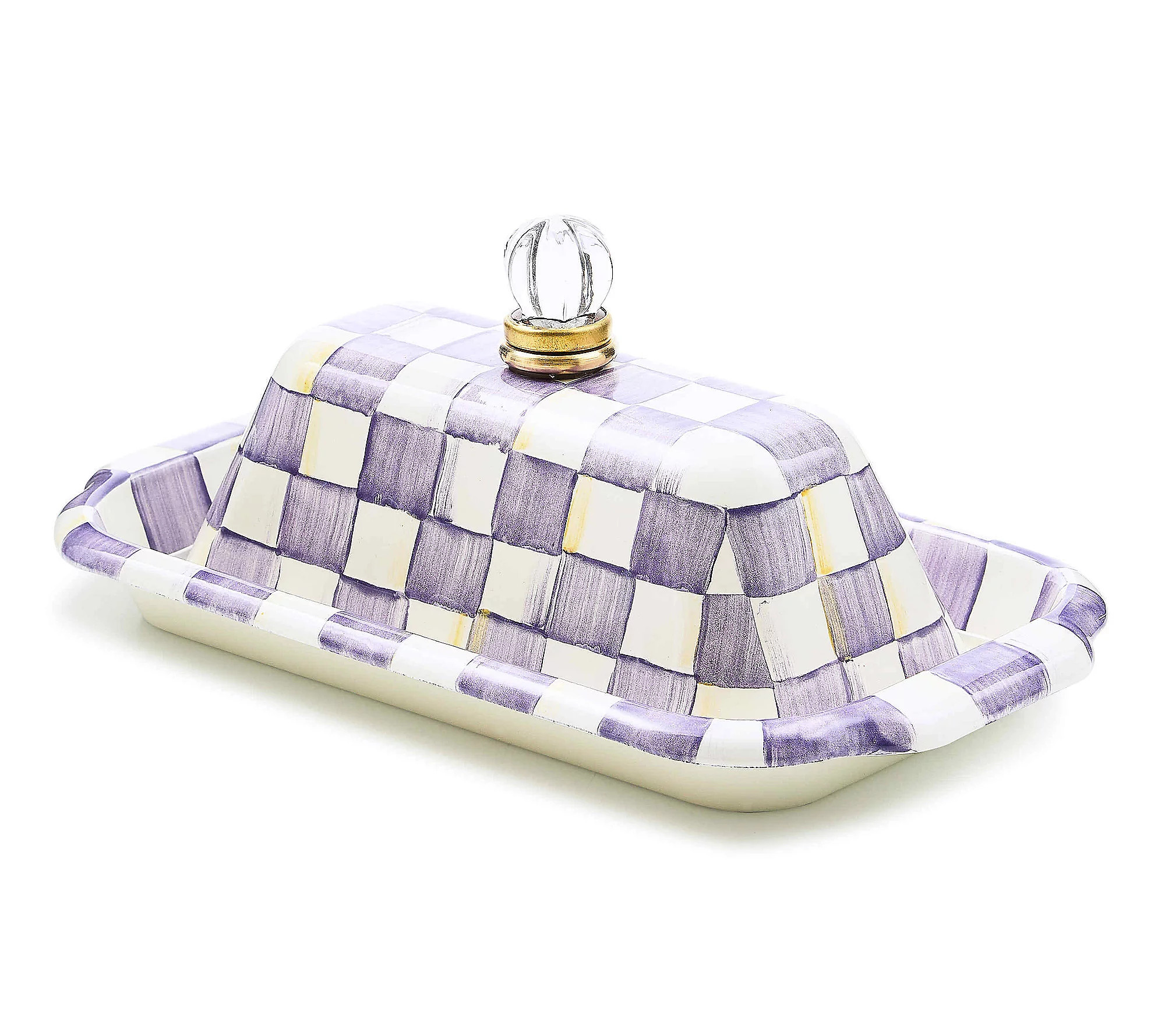As Is Mackenzie-Childs Violet Check Enamel Butter Box | QVC