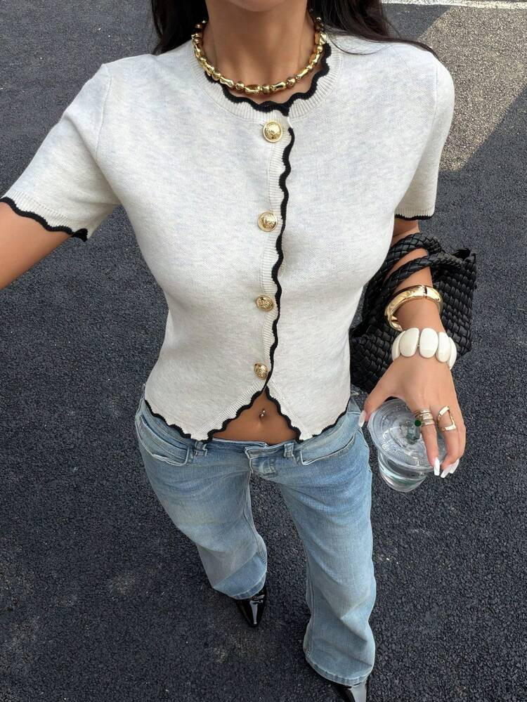 Siren Gaze Cárdigan Delgado De Manga Corta Con Ribete De Contraste Para Uso Casual Y De Oficina Para Mujeres | SHEIN