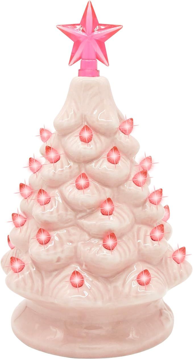 7" Pink Ceramic Christmas Tree, Prelit Tabletop Christmas Tree with Extra Clear Top Star & Bulbs ... | Amazon (US)