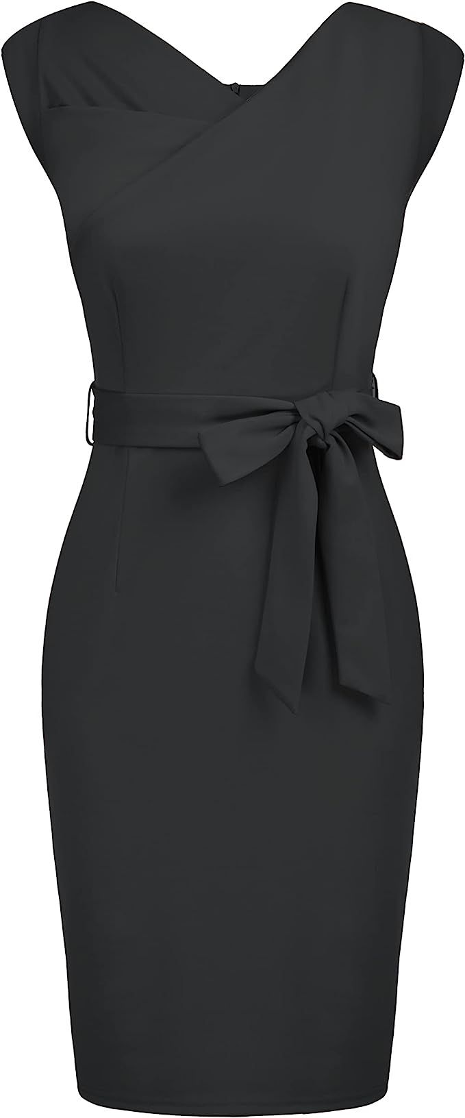 GRACE KARIN Women's Work Pencil Dress Vintage Sleeveless Asymmetrical Neck Belted Bodycon Dress | Amazon (US)