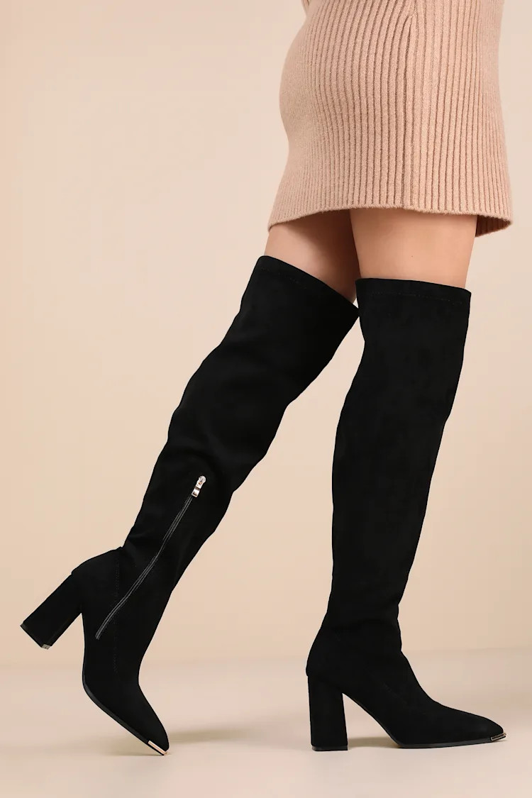 Bellwood Black Suede Pointed-Toe Over-the-Knee Boots | Lulus
