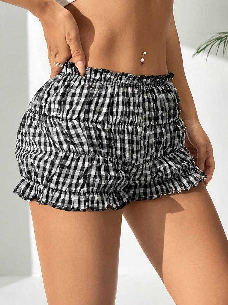 SHEIN EZwear Bubble Checkered Lantern Shorts For Women, Simple And Casual Style | SHEIN