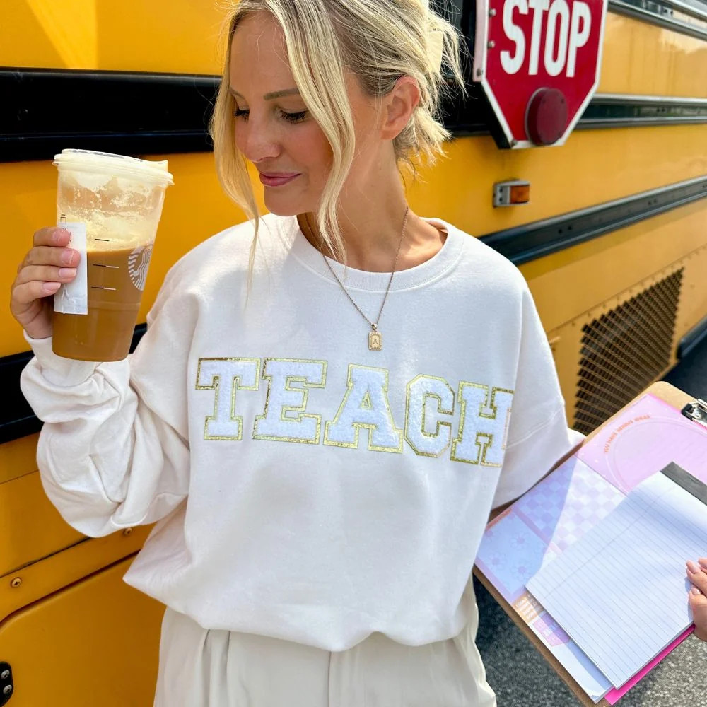 Cream & White 'Teach' Letter Patch Sweatshirt | United Monograms