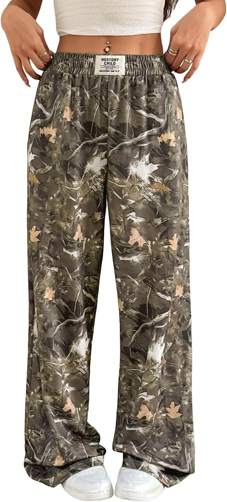 ZAFUL Women's Camo Sweatpants Y2K Elastic High Waisted Wide Leg Casual Straight Cargo Pants Jogge... | Amazon (US)