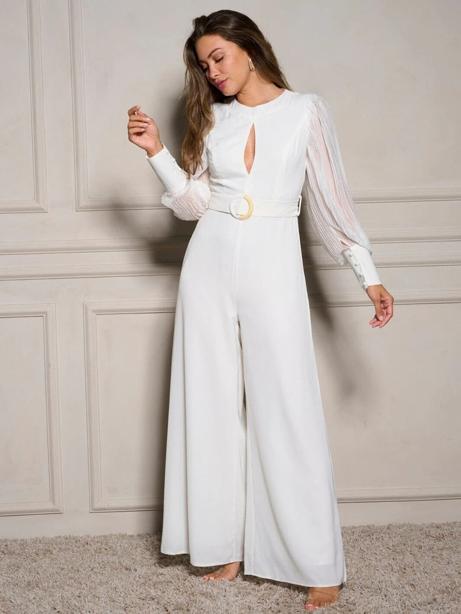 White Long Sleeve Wide Leg Jumpsuit Size Medium Sheer Sleeve Belted | eBay | eBay US