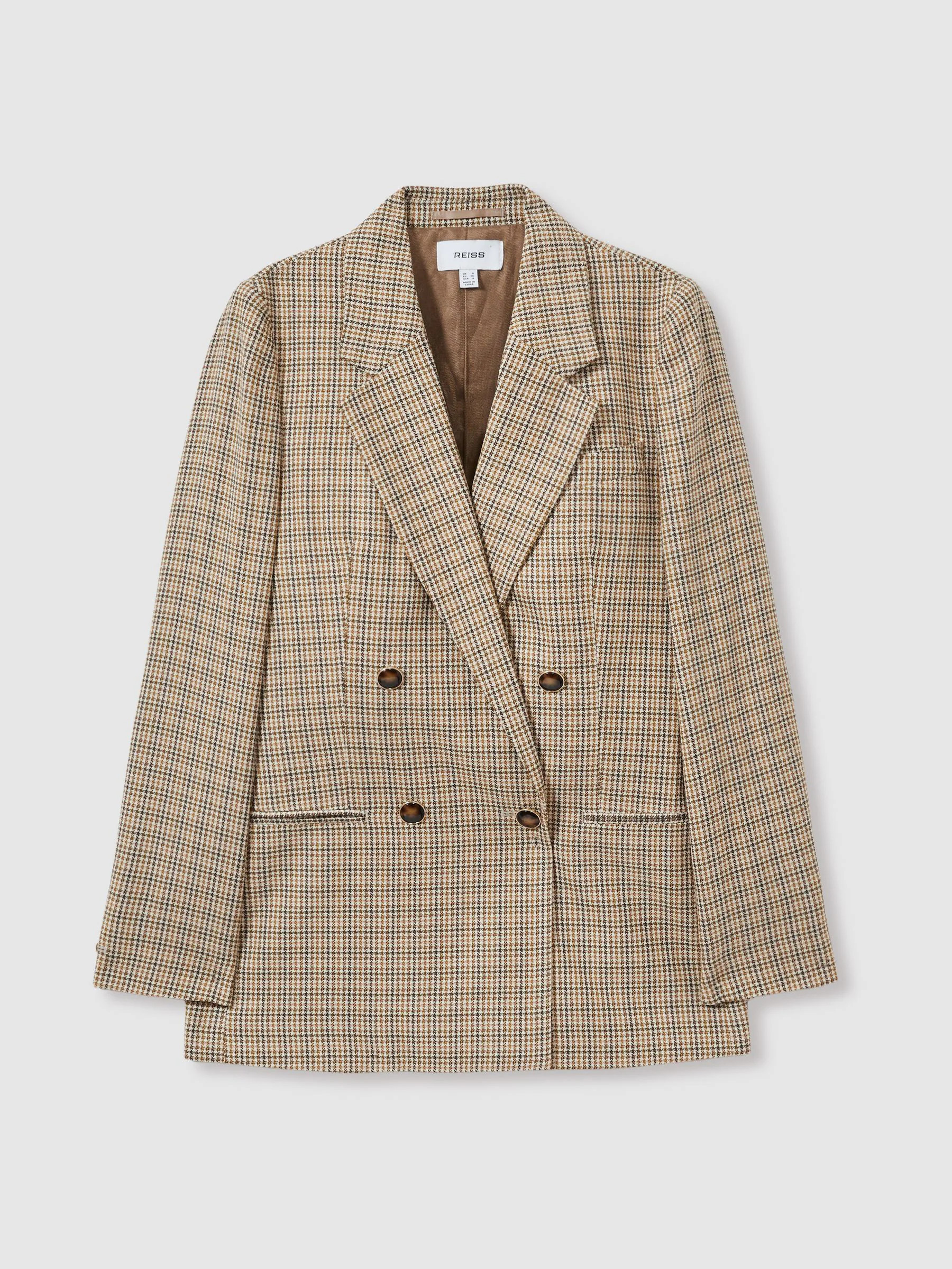 Reiss Reiss Brown Check Vida Wool Double-Breasted Houndstooth-Check Blazer | Next US