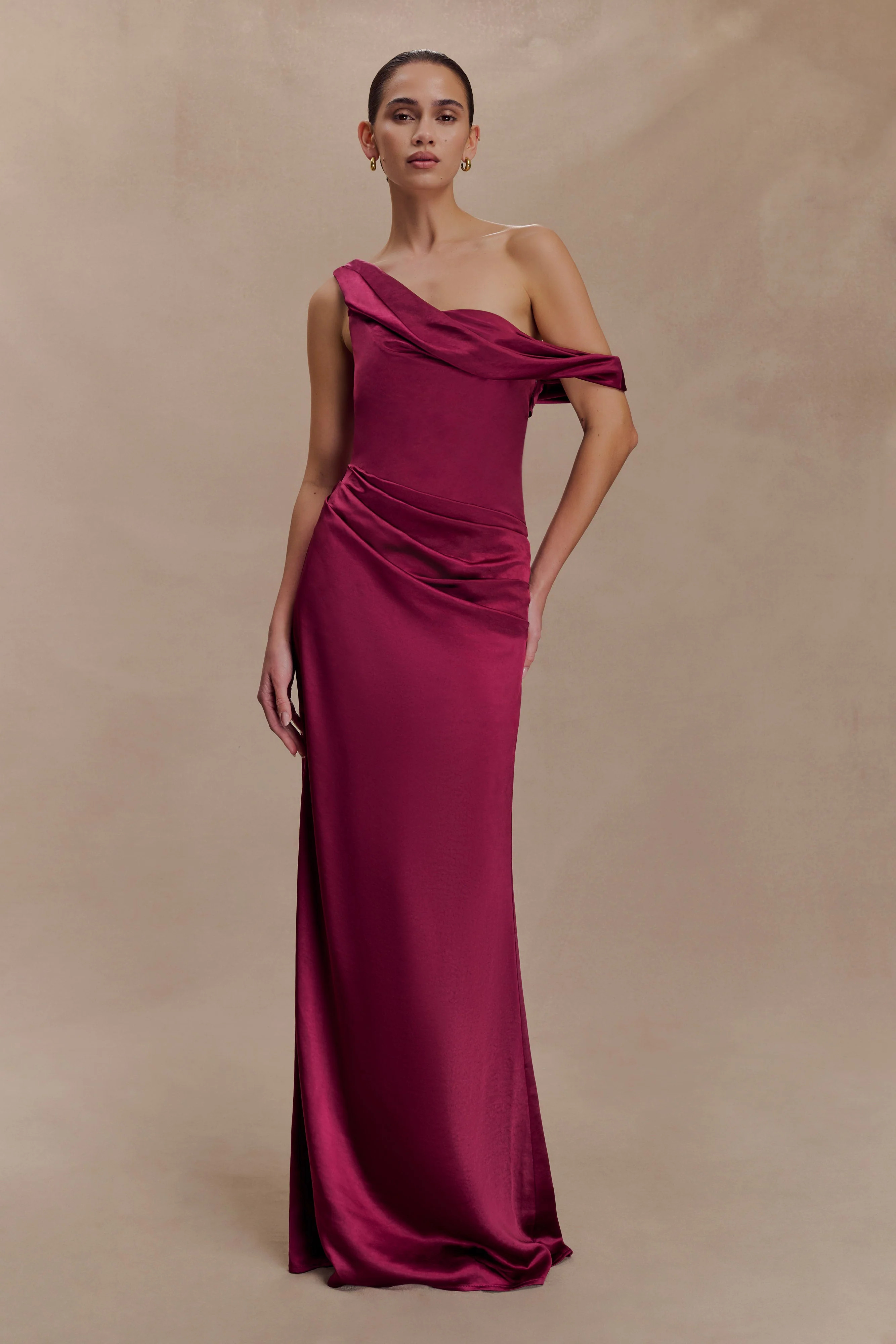 Dalia Off Shoulder Satin Maxi Dress - Mahogany | MESHKI US