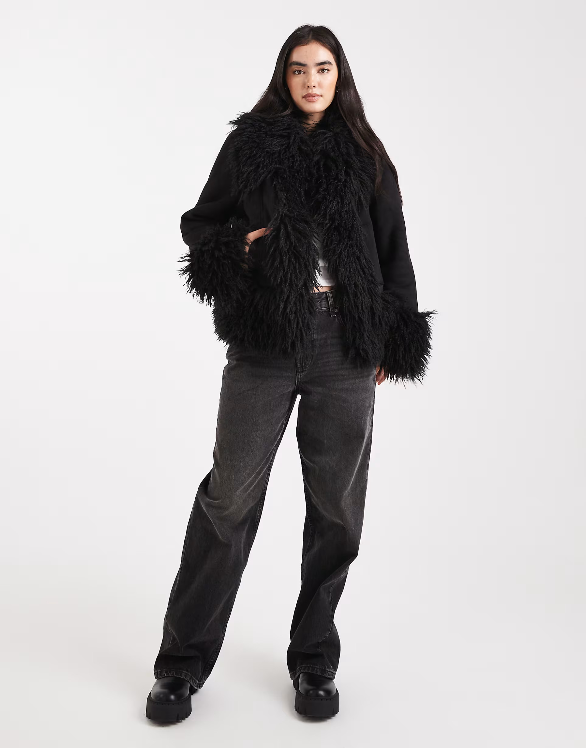 ASOS DESIGN penny lane faux fur trim coat in black | ASOS | ASOS (Global)