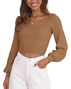EVALESS Long Lantern Sleeve Sweaters for Women Trendy Scoop Neck Rib Knit Crop Tops Fall 2023 Lig... | Amazon (US)