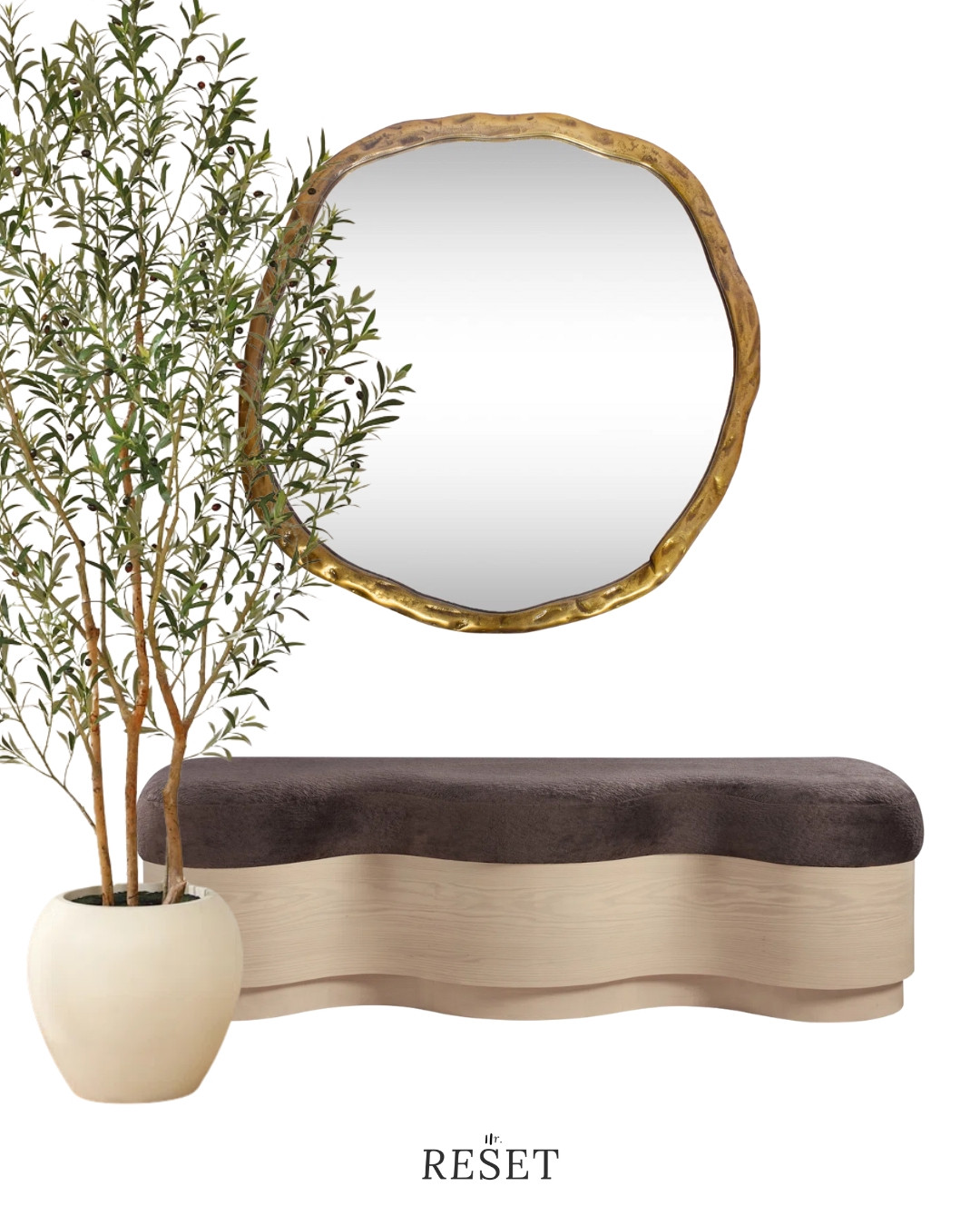 High-end neutral entryway furniture with sculptural bench seating and statement mirror.
Includes an upholstered bench, round brass wall mirror, and a large indoor olive tree.
Perfect for a timeless, elevated entryway design. 

 #LTKSeasonal #LTKHome