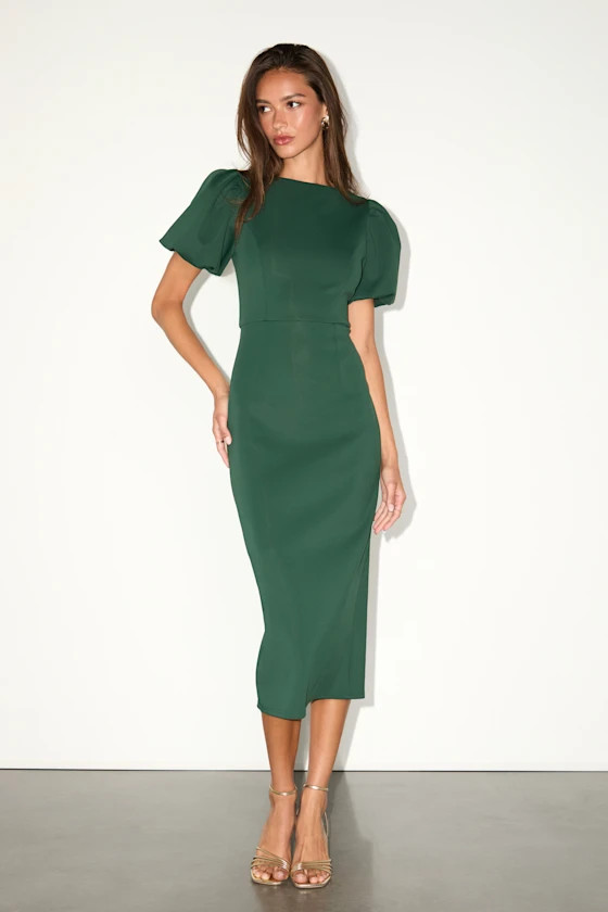 Simply Beloved Hunter Green Puff Sleeve Bodycon Midi Dress | Lulus