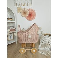 Wiklibox Wicker & Beech Wood High Doll's Pram in A Dusty Pink Color With Glitter + Bedding & Tassels | Etsy (US)