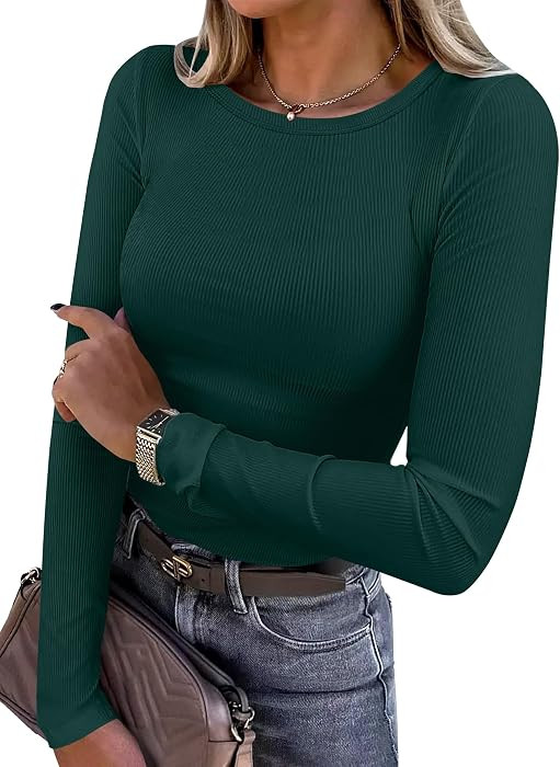 ANRABESS Women Long Sleeve Shirts Ribbed Fitted Tops | Amazon (US)