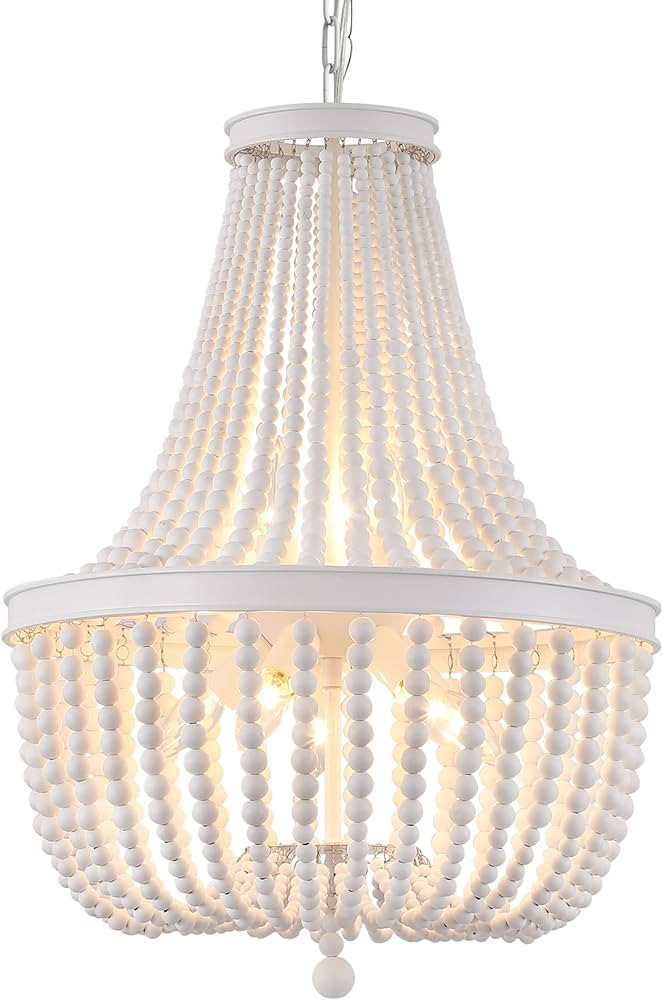 Q&S Beaded Chandelier Farmhouse White Wood Beaded Boho Light Fixture Vintage Antique 8 Lights for... | Amazon (US)