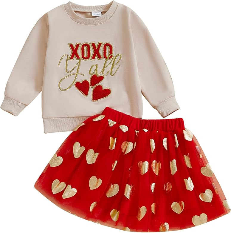 Toddler Baby Girl Valentines Day Outfit Red Love Heart Bow Sweatshirt and Tulle Tutu Skirts Set C... | Amazon (US)