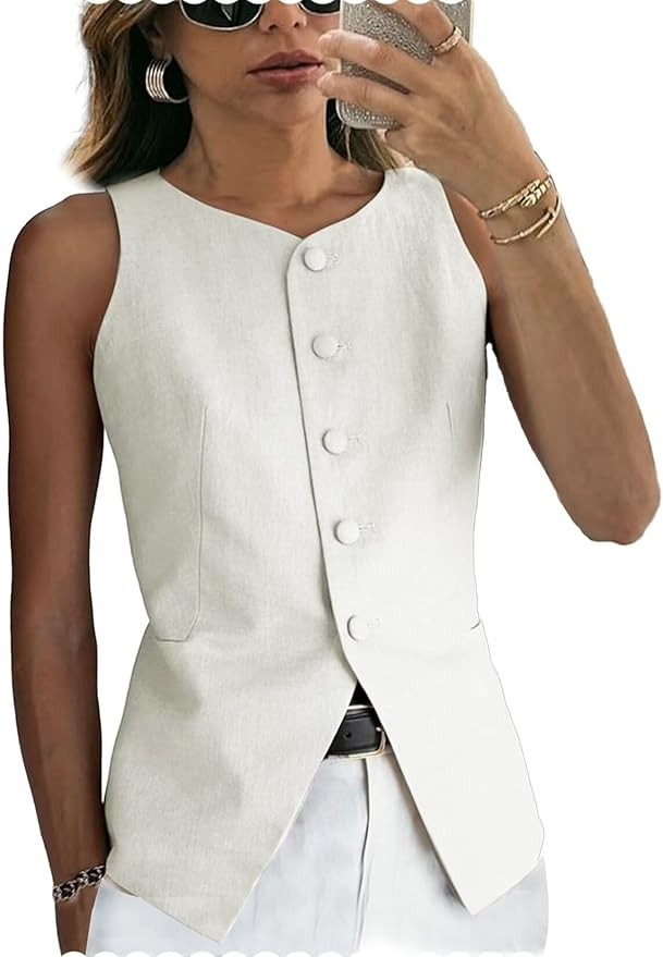 Women's Linen Waistcoat Slim Fit 5 Button V-Neck Dressy Suit Vest | Amazon (US)