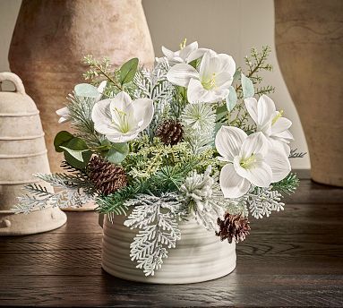 Faux Frosted White Amaryllis & Winter Greens Arrangement | Pottery Barn (US)