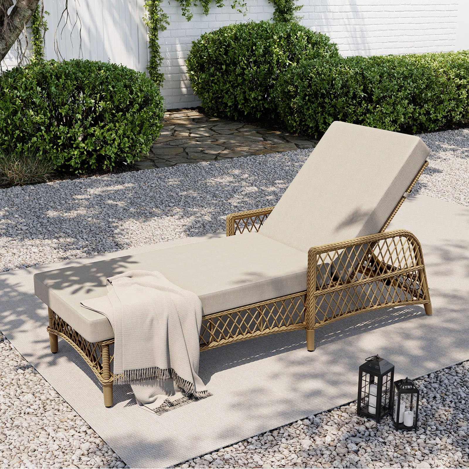 Lindenwold 1-Piece Wicker Patio Chaise Lounge With Beige Cushions | Birch Lane