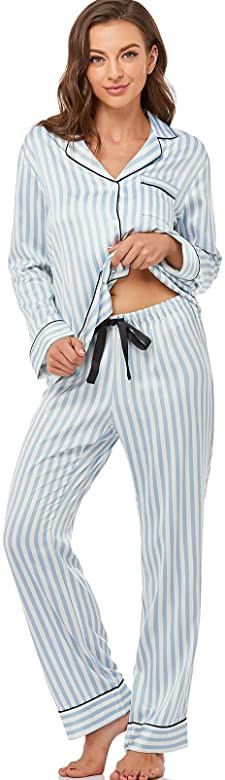 Serenedelicacy Women's Satin Pajama Set Long Sleeve Button Down Sleepwear 2-Piece Striped Silky P... | Amazon (US)