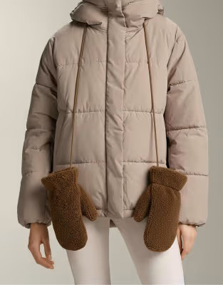 OYSHO Faux shearling mittens with cord in mole | ASOS (Global)